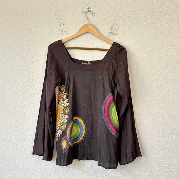 DESIGUAL Blouse Chocolate Brown Geometric Flared Sleeve Lightweight - Picture 1 of 12